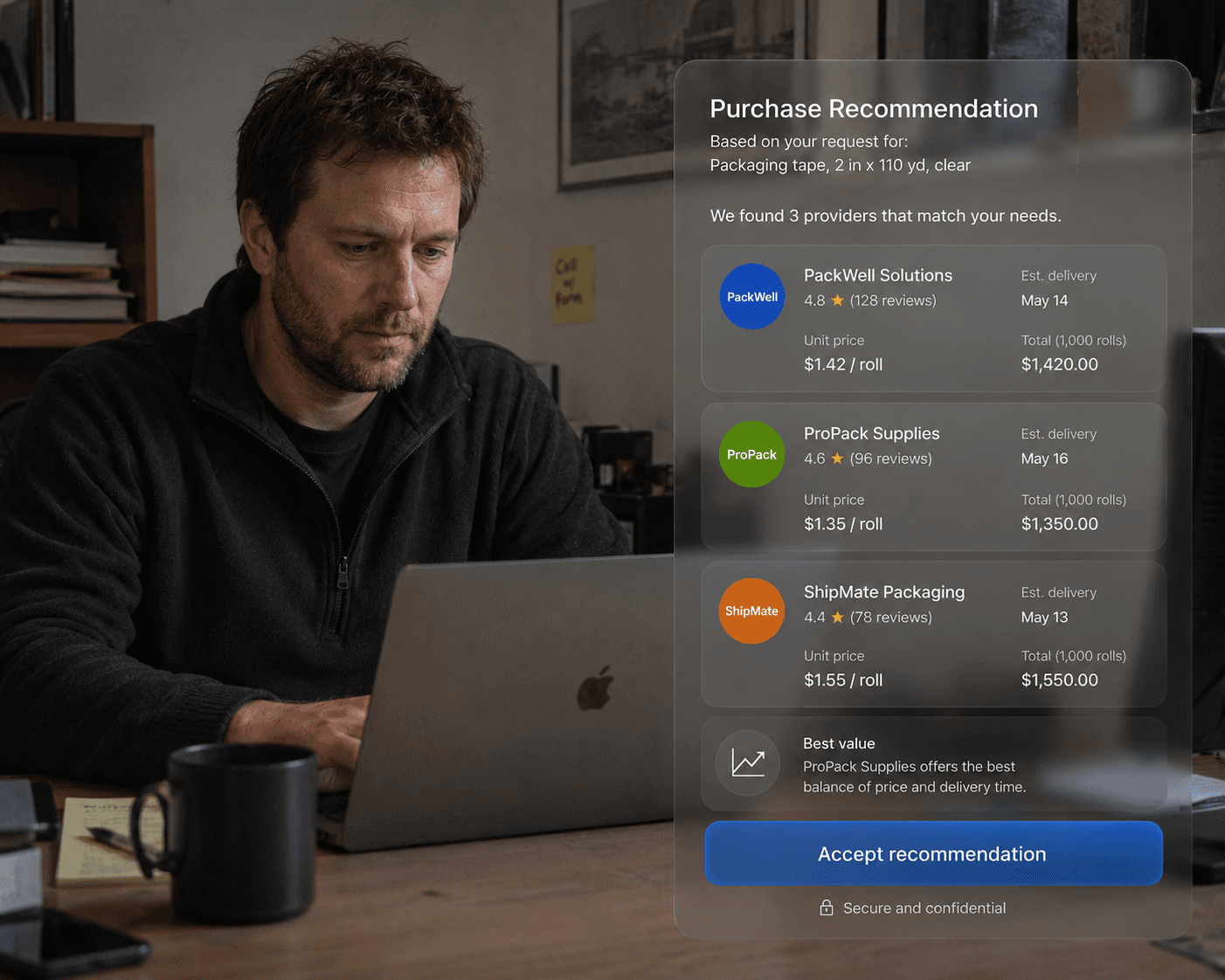 Operator reviewing an AI purchase recommendation beside provider options