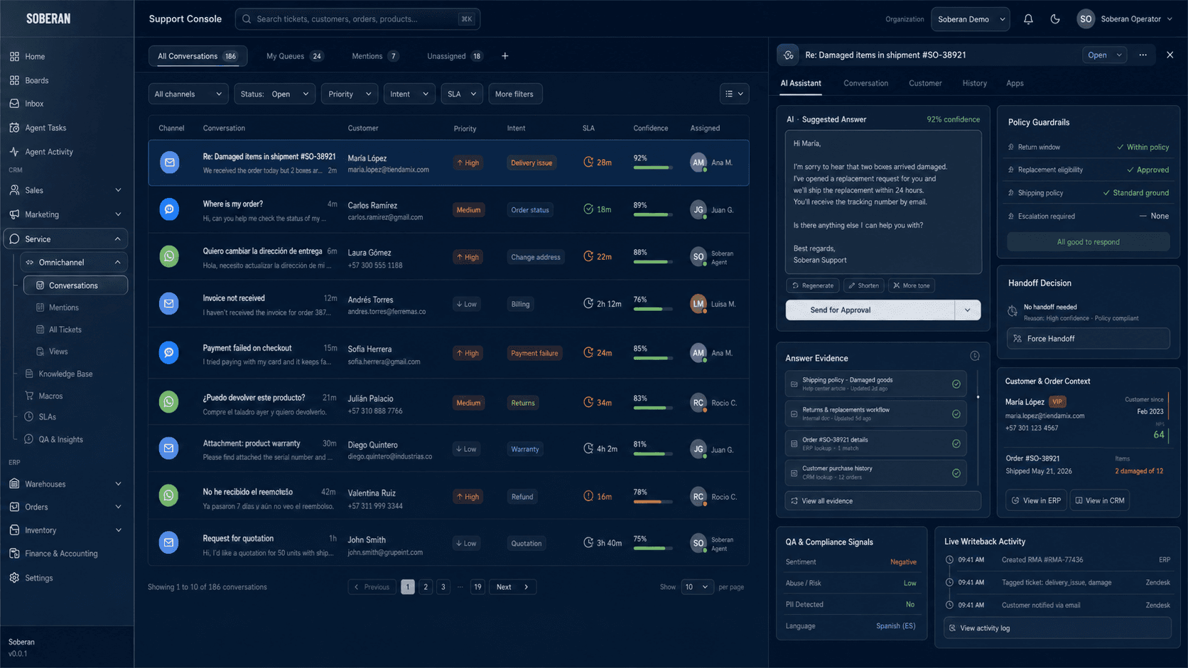 Soberan-style chat and email support automation console with conversation queue, evidence, policy, and writeback panels