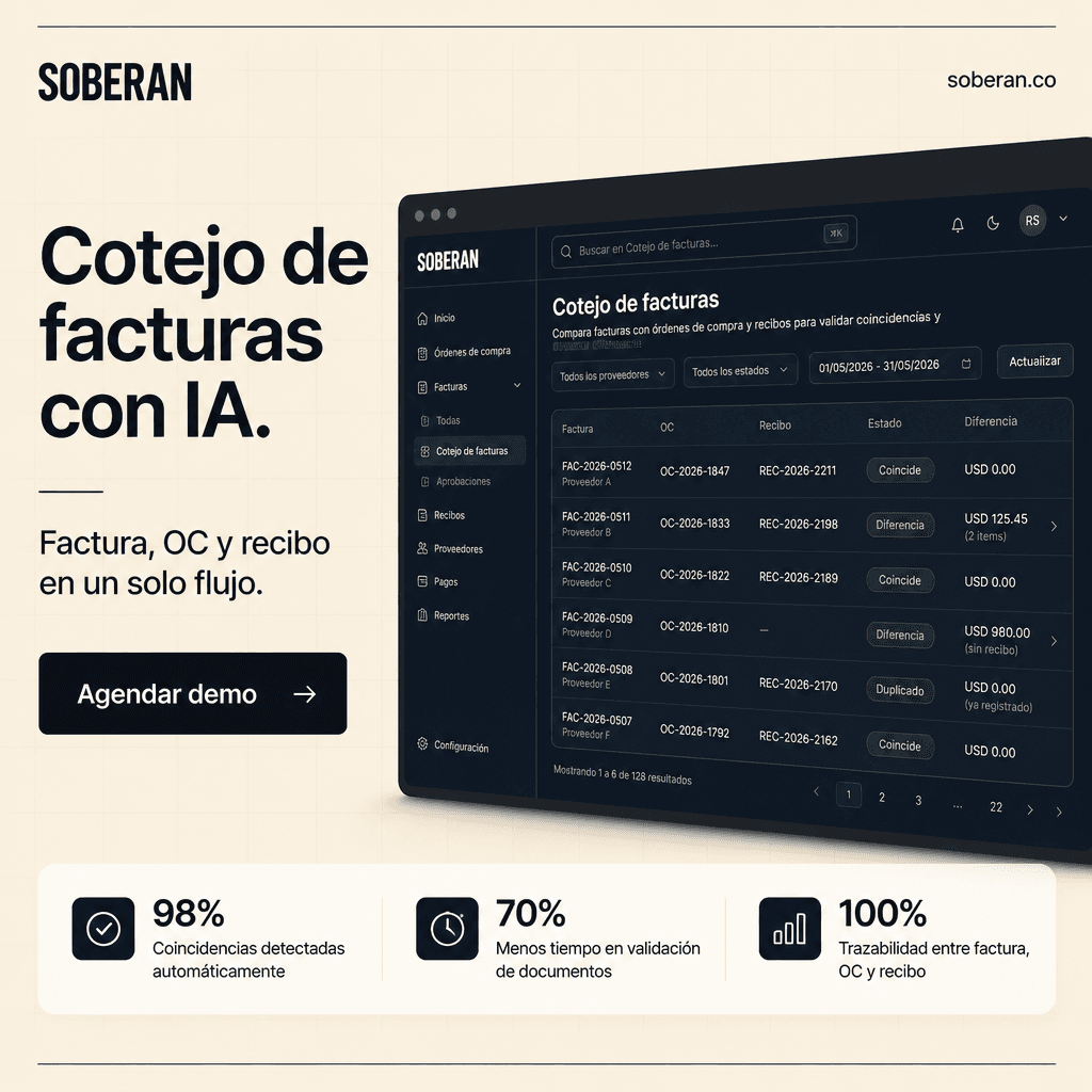 Tablero de Soberan para cotejo de facturas con factura, orden de compra, recibo, estado de match y diferencias