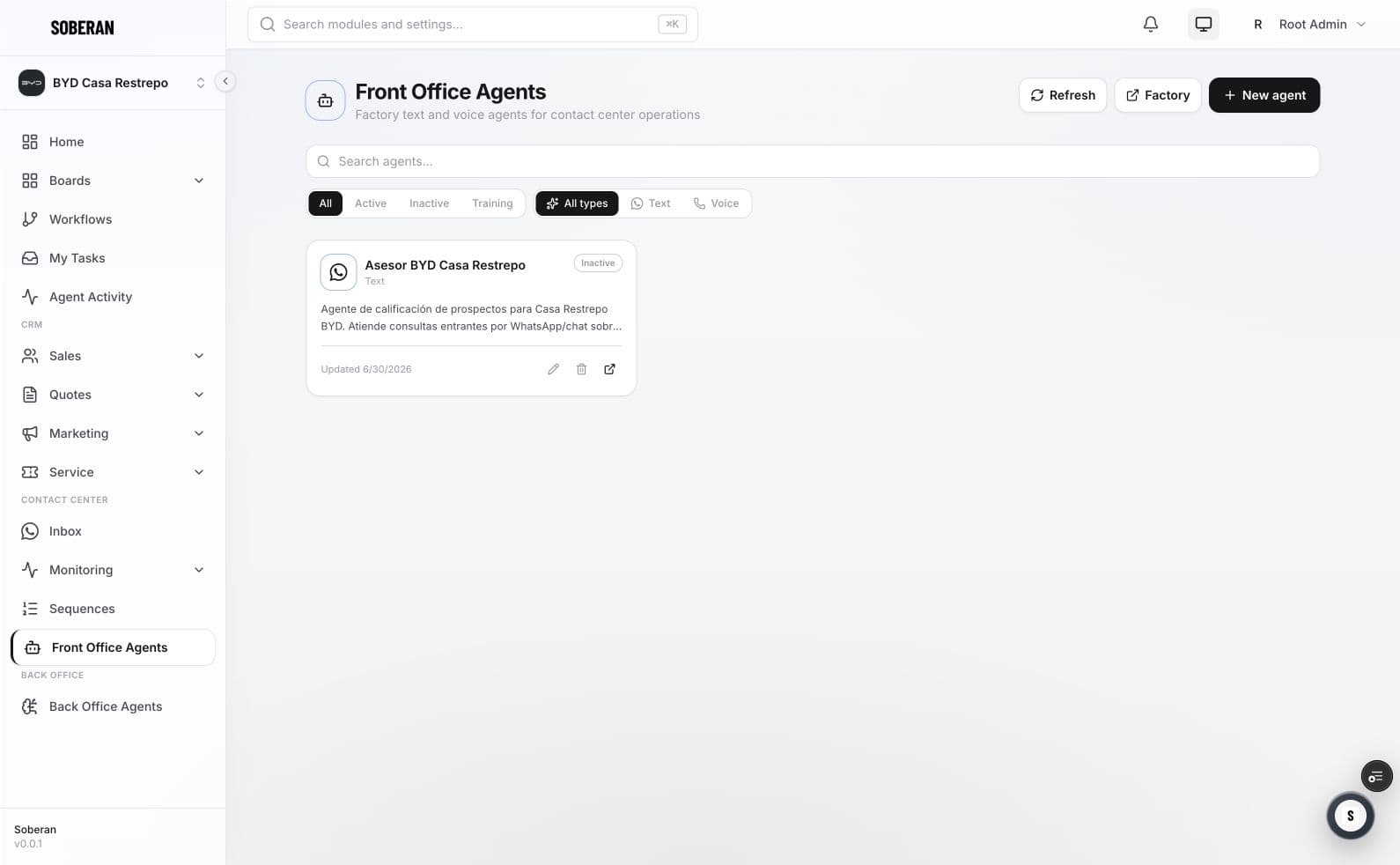 Espacio real de agentes front-office Soberan para conversaciones