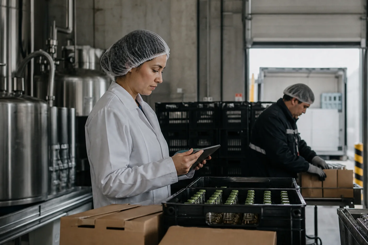 Warehouse operator coordinating stock for food and beverage operations