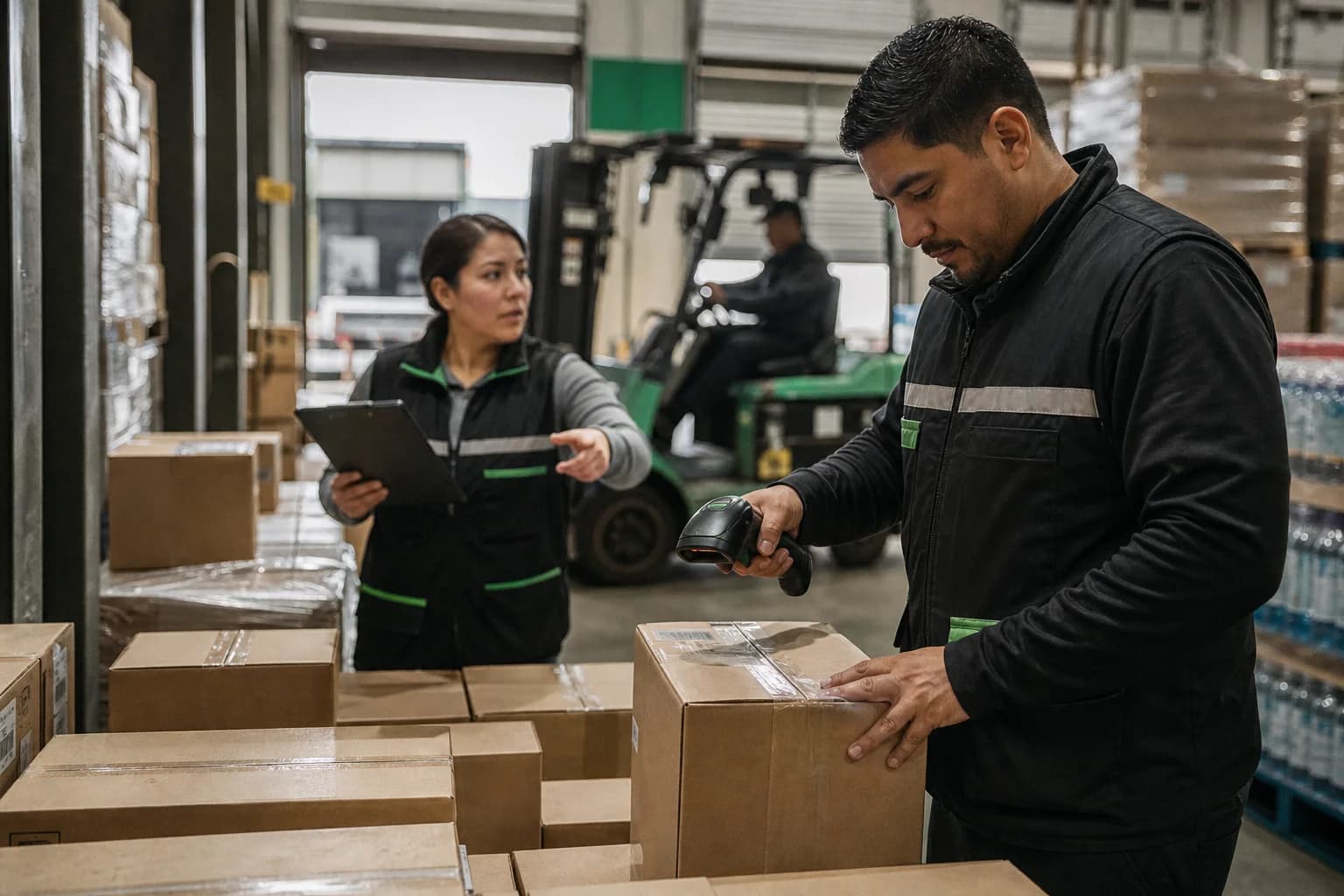 Wholesale warehouse team coordinating inventory movement