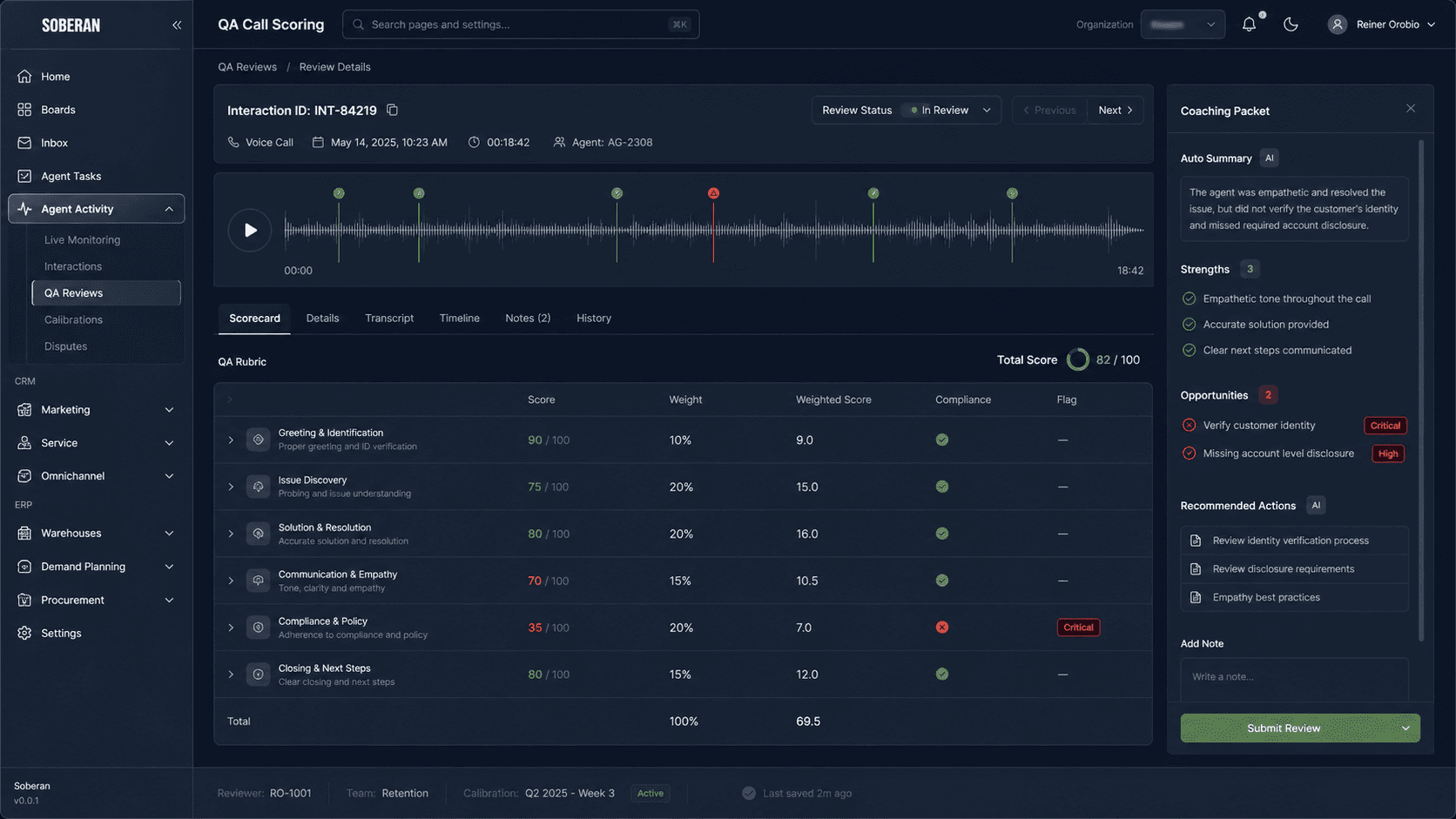 Soberan product UI for QA call scoring with waveform review, rubric rows, compliance flags, and coaching packet