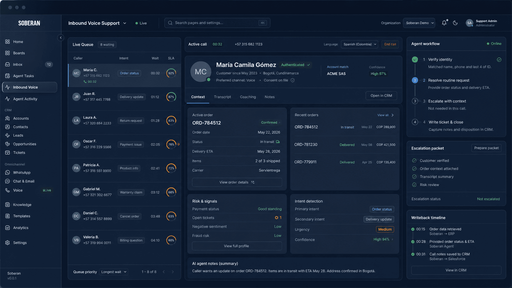 Consola estilo Soberan de soporte telefonico inbound con cola de llamadas, cliente autenticado, contexto de pedido, paquete de escalacion y escritura CRM