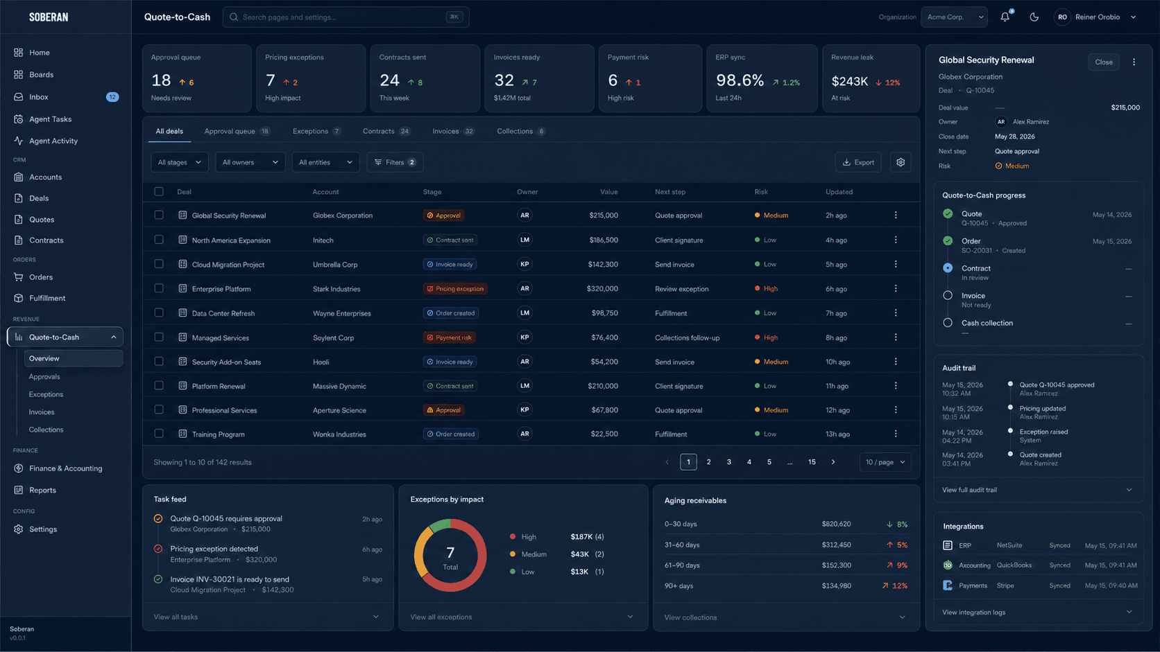 Interfaz de Soberan para automatizacion quote-to-cash con aprobaciones, readiness de factura y riesgo de pago