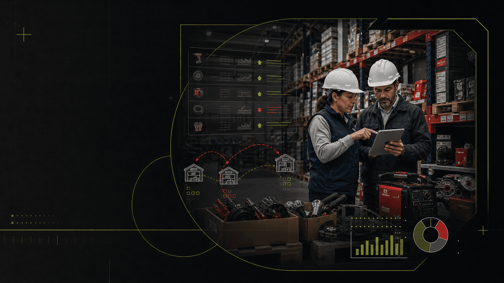 Imagen personalizada de Sumatec demand planning con planeadores en bodega industrial, capas de inventario, señales de traslado entre bodegas y líneas técnicas de Soberan.